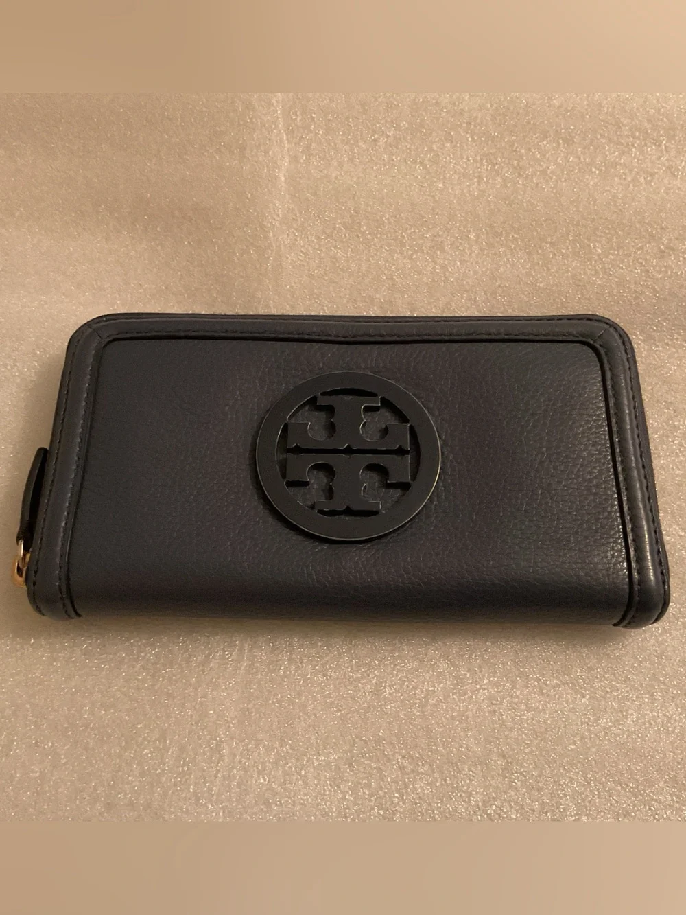Tory Burch Miller Oversized Logo Long Zip Around Navy Pebbled Leather Wallet